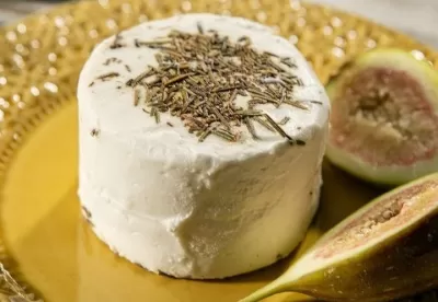 Queijo de leite de cabra em um prato amarelo, ornamentado com especiarias e figos.