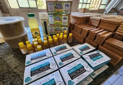 Foto mostra produtos feitos com o do coco de Macaúba