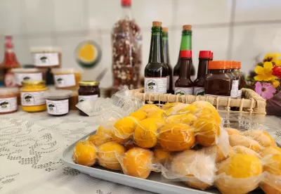 Mesa com pequis e outros produtos da agricultura familiar.