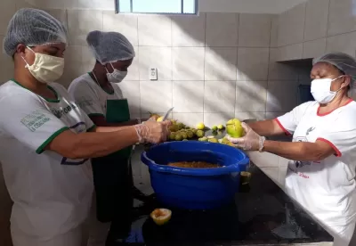 Quatro produtoras rurais da Associação Agroindústria Sabor do Vale picam frutas para a produção de polpas congeladas que serão comercializadas pelo PNAE.