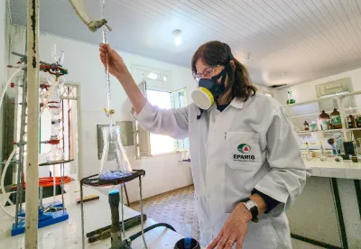 Foto mostra pesquisadora da Epamig executando ensaio em laboratório