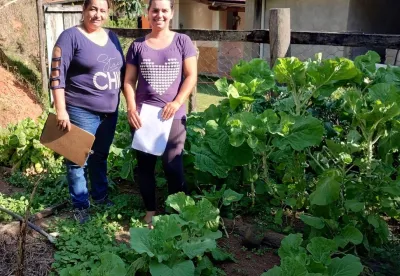 Extensionista da Emater dá orientação à produtora na lavoura