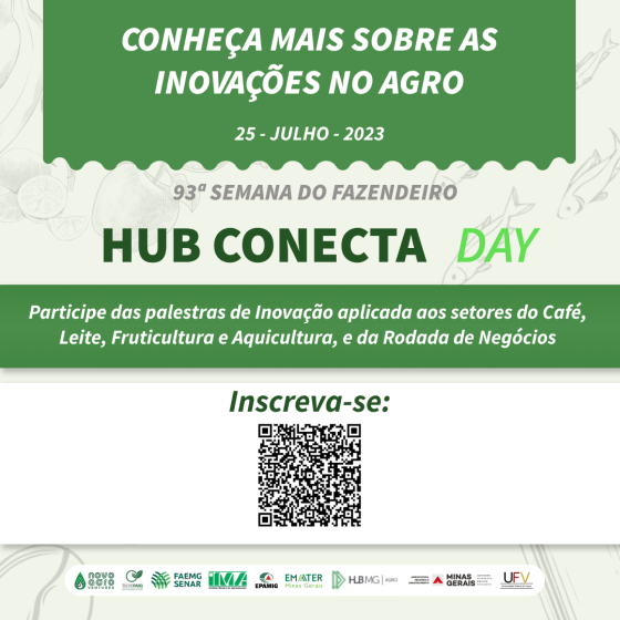 Arte com QR Code para inscrição no Hub Conecta Day na Semana do Fazendeiro na UFV