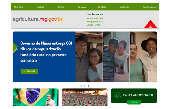 Print do novo site da Secretaria de Agricultura, com banner destacando as entregas de títulos de propriedades rurais do primeiro semestre, notícias mais recentes e seção Agrodados