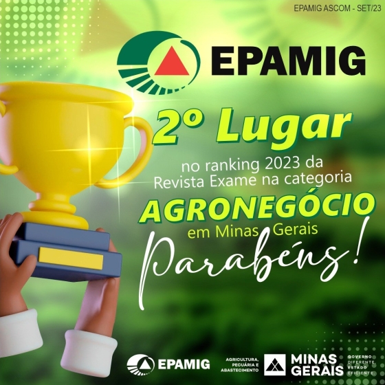 peça gráfica contendo 2º lugar no ranking 2023 da Revista Exame na categoria agronegócio em Minas Gerais. Parabéns! com uma mão segurando um troféu ao lado esquerdo da imagem