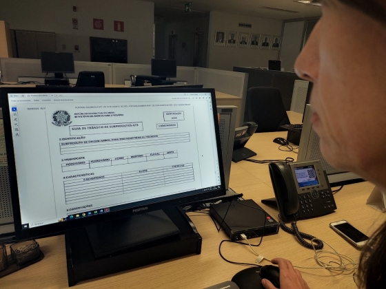 Foto mostra fiscal do IMA preenchendo Guia de Trânsito de subprodutos de origem animal