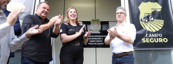 Governador Romeu Zema e secretário Thales Fernandes na inauguração da delegacia rural em Poços de Caldas