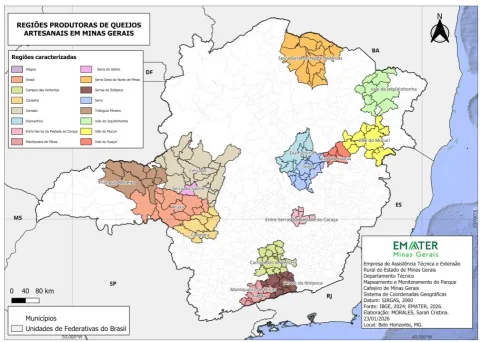 Mapa das regiões produtoras de queijos artesanais em MG