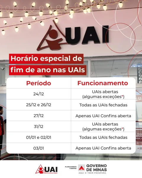 Confira o funcionamento das UAIs nos feriados de Natal e Ano Novo